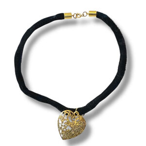 Vintage 90s Black Velvet Choker Gold Etched Heart Pendant Whimsigoth Coquette
